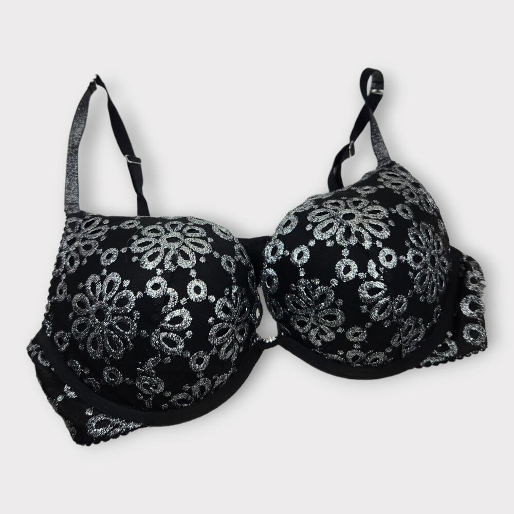 Victorias Secret Womens Push Up Bra Black Silver Lace 36C Lingerie